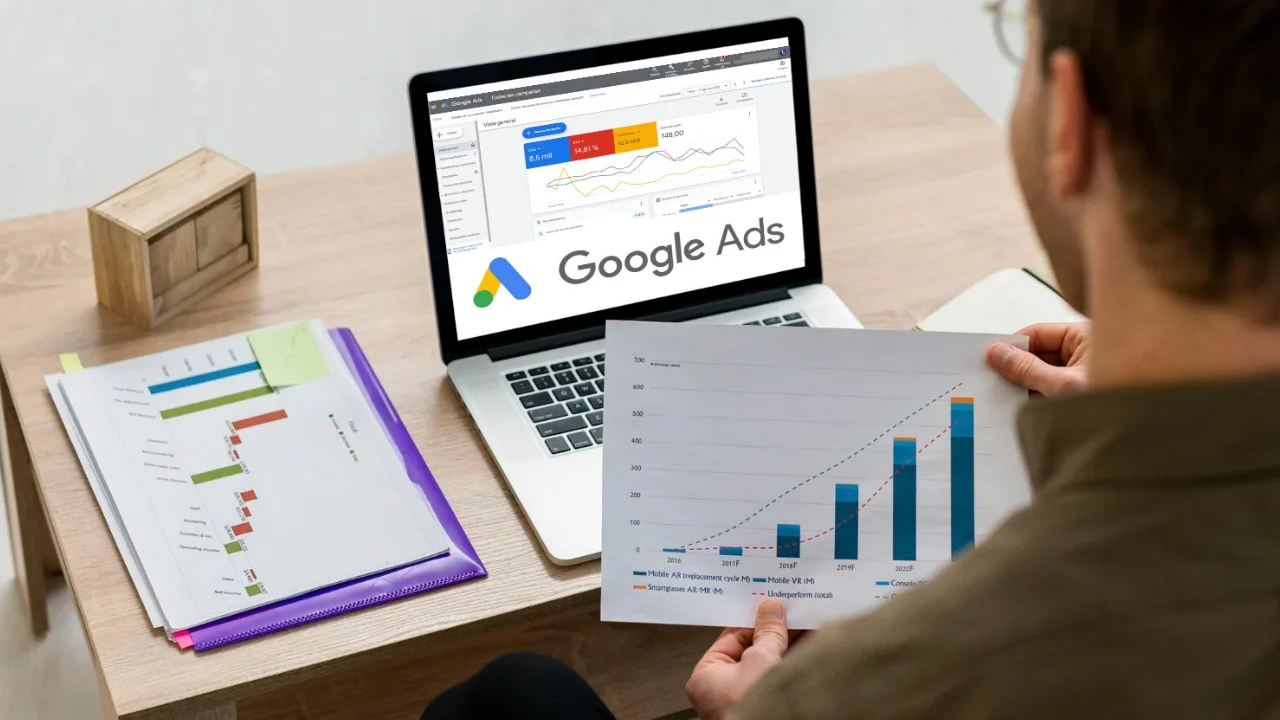Publicidad para negocios: Una laptop o pantalla con la interfaz de Google Search Ads abierta, y al frente un gráfico con curva de rendimiento (tipo ROI en crecimiento).